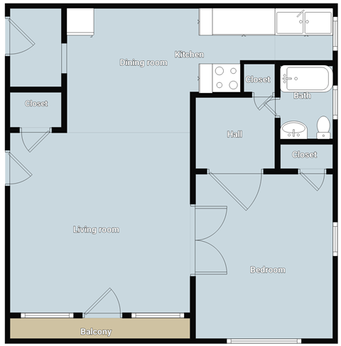 A floor plan of a house with a living room, dining room, kitchen, two bedrooms, two cloestets, and a balcony.